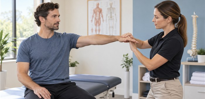 Chiropractor assessing a patient's arm with gentle muscle testing in Ontario