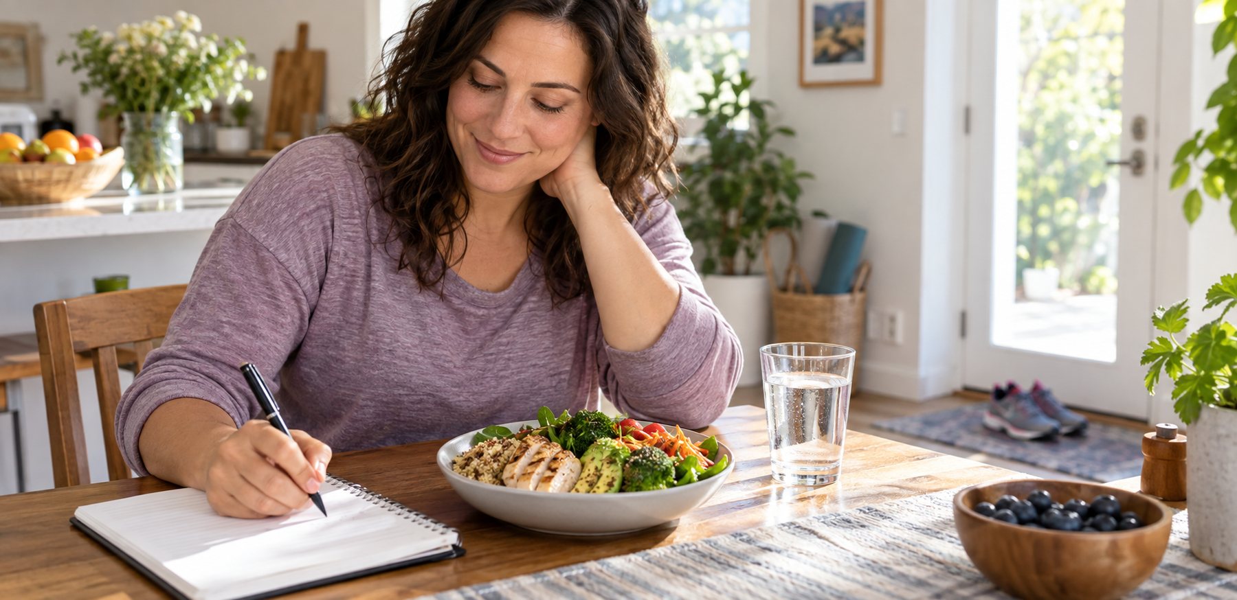 adult planning a balanced meal and a comfortable walking routine